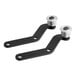 A pair of black metal brackets with silver screws on them.