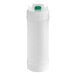A white plastic San Jamar sauce bottle with a green valve.