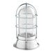 A glass globe light fixture with a wire guard and a metal cage.
