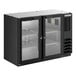 A black underbar height back bar refrigerator with two glass doors and interior shelving.