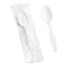 A white plastic bag with a white plastic wrapped spoon inside.