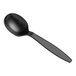 A black plastic soup spoon with a handle.