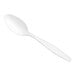 A close-up of a white plastic Choice teaspoon.