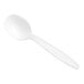 A white plastic spoon with a handle.