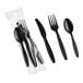 A black plastic wrapped cutlery pack with a fork, spoon, and knife.