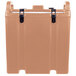 A beige plastic Cambro soup carrier with black handles.