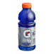 A blue plastic bottle of Gatorade Thirst Quencher Fierce Grape with a white and grey label and an orange cap.