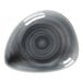 A grey RAK Porcelain triangle shaped plate with a circular spiral pattern in the middle.