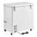 A white Galaxy Ultra Cold chest freezer on wheels with a power cord.