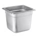 A stainless steel Choice 1/6 size steam table pan with a square lid.