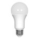 A close-up of a Satco frosted white LED light bulb with a white round base.