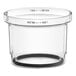 A clear polycarbonate container with a black lid and rubber ring.