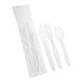 A set of clear heavy weight polystyrene plastic cutlery including a fork, knife, and spoon, individually wrapped in plastic.