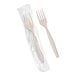 A pair of beige heavy weight polystyrene plastic forks, one wrapped in plastic and one unwrapped.