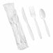 A set of white heavy weight polystyrene plastic cutlery including a knife, fork, and spoon, individually wrapped in plastic.