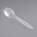 A clear plastic soup spoon with a spoon handle.