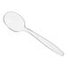 A clear heavy weight polystyrene plastic soup spoon.