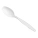 A white heavy weight polystyrene plastic teaspoon.