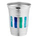 A silver Ball aluminum cup with blue and green stripes.