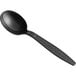 A black plastic soup spoon with a handle.