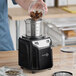 A black AvaMix commercial spice grinder with a stainless steel bowl being filled with spices.
