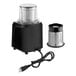 A commercial spice grinder with a black base, two stainless steel 1.5 cup bowls, and a power cord.