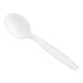 A white heavy weight polystyrene plastic soup spoon.