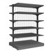 A grey Wanzl Wire Tech double-sided gondola shelf with wire mesh.