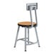 A National Public Seating lab stool with a Bannister Oak seat and back on a gray metal frame.