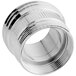 A silver metal threaded pipe fitting for a garden hose.