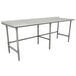 An Advance Tabco stainless steel work table with an open base and long top.