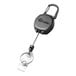 A close-up of a black KEY-BAK Sidekick retractable lanyard with a key ring.