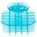 A blue plastic container with a lid holding an Ateco Mexican bread stamp with a waffle design.