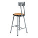 A gray metal National Public Seating lab stool with a bannister oak seat and backrest.
