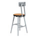 A gray steel and wood National Public Seating lab stool with backrest.