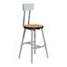 A National Public Seating lab stool with a Bannister Oak seat and backrest and a metal frame.