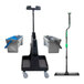 A black Unger floor cleaning kit with a green handle on wheels.