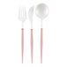 White plastic cutlery with pink tips.