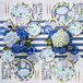 A table set with Sophistiplate blue and white paper plates with a floral design.