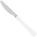 A white knife with a silver top and white handle.