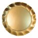 A close-up of a Sophistiplate Satin Gold Wavy Paper Charger with a circular design.