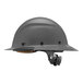 A grey Lift Safety hard hat with a black brim.