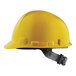 A yellow Lift Safety hard hat with a black suspension strap.