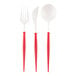 Sophistiplate white plastic cutlery with red accents including forks and spoons.