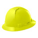 A yellow Lift Safety hard hat with a vented full brim and ratchet suspension.