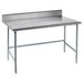 A stainless steel Advance Tabco work table with an open base.
