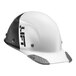 A white and black Lift Safety hard hat with a carbon fiber brim.