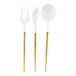 Sophistiplate Bella white plastic cutlery with gold accents including a fork, spoon, and knife.