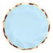 A Sophistiplate sky blue wavy paper salad plate with a white circle and gold trim on it.