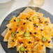 A plate of nachos topped with Violife Just Like Cheddar Vegan Cheese Shreds, black beans, jalapeÃ±o slices, and diced tomatoes.